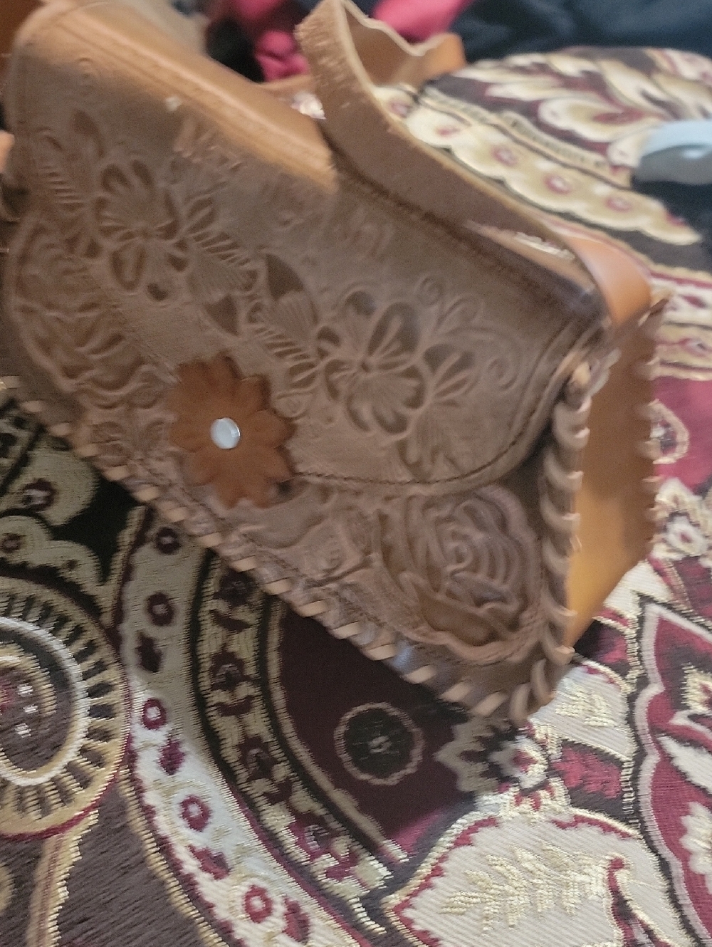 Embossed Floral Leather Crossbody Bag in Tan